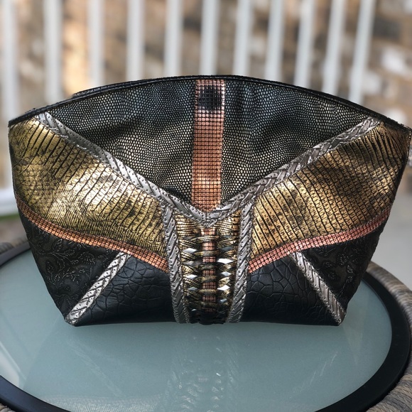 Vintage 90s Metallic Croc Style Clutch Bag Purse - Picture 1 of 6